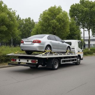 Platós autómentőn szállított személyautó